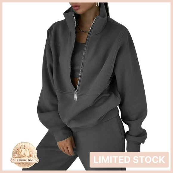 Pants - Fleece Half Zip Pullover Lounge Set Oversized Comfy Y2K Chic Sweatsuit